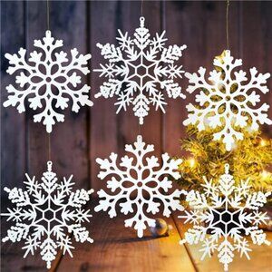 6pcs Large White Snowflakes Ornaments 12” Big Plastic Glitter Snowflake